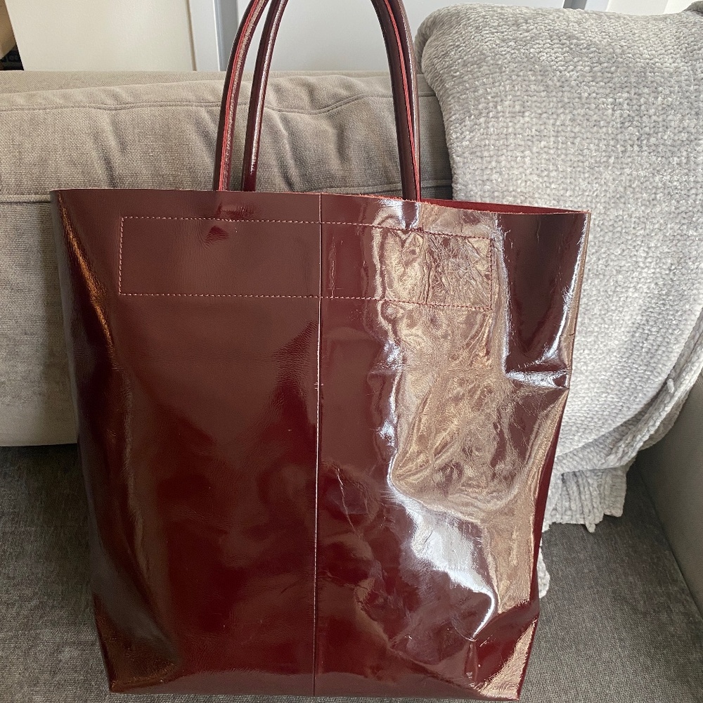 Maje Burgandy Patent Leather Tote Bag w/ Suede Interior